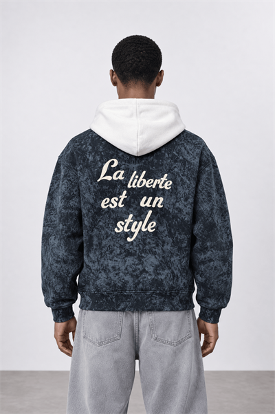 Erkek Liberte Yazı Detaylı Yıkamalı Oversize Zip Siyah