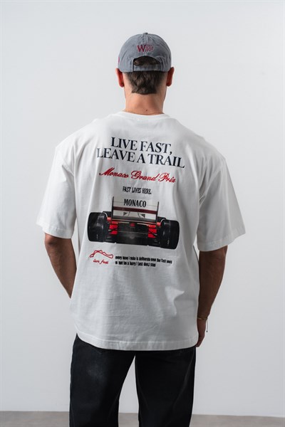 Erkek Live Fast Baskılı Oversize T-Shirt Ekru