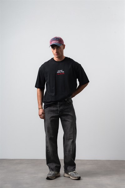 Erkek Live Fast Baskılı Oversize T-Shirt Siyah