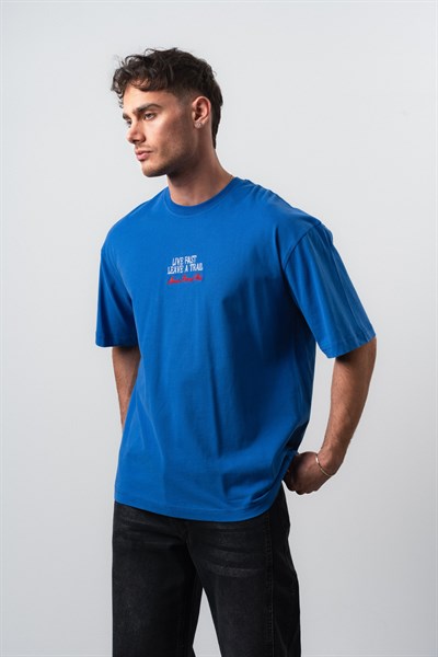 Erkek Live Fast Baskılı Oversize T-Shirt Mavi