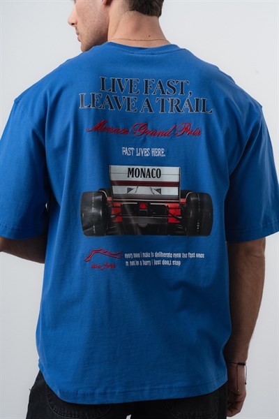 Erkek Live Fast Baskılı Oversize T-Shirt Mavi