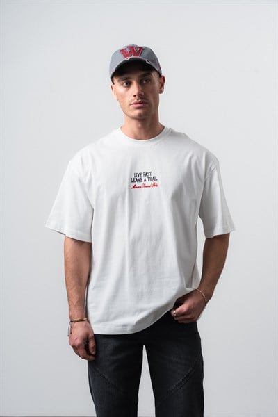 Erkek Live Fast Baskılı Oversize T-Shirt Ekru