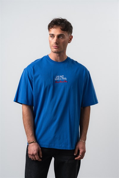 Erkek Live Fast Baskılı Oversize T-Shirt Mavi
