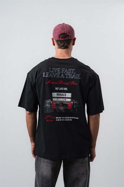 Erkek Live Fast Baskılı Oversize T-Shirt Siyah