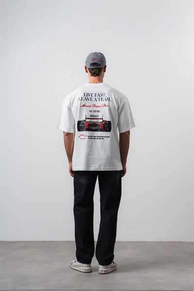 Erkek Live Fast Baskılı Oversize T-Shirt Ekru