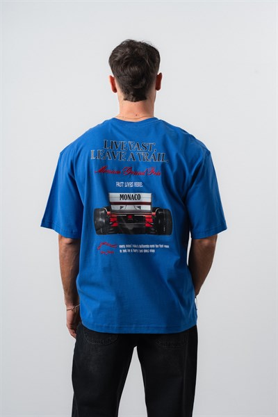 Erkek Live Fast Baskılı Oversize T-Shirt Mavi