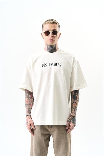 Erkek Los Angeles Baskılı Oversize T-Shirt Ekru