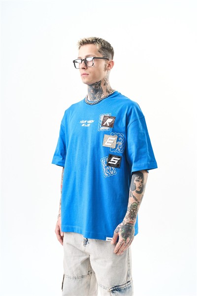 Erkek Low Vision Nakışlı Oversize T-Shirt Mavi