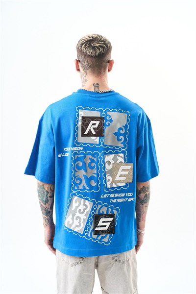 Erkek Low Vision Nakışlı Oversize T-Shirt Mavi
