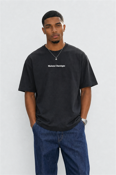 Erkek Maison Baskılı Oversize T-Shirt Siyah