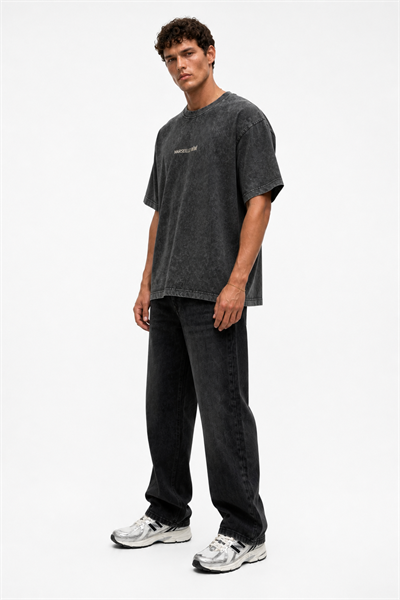 Erkek Marseille Baskılı Yıkamalı Oversize T-Shirt Siyah