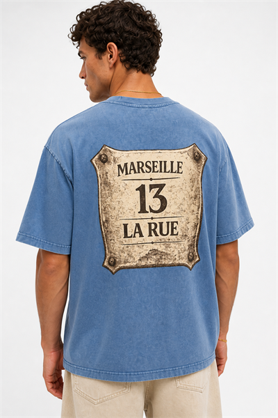 Erkek Marseille Baskılı Yıkamalı Oversize T-Shirt Bebe Mavi