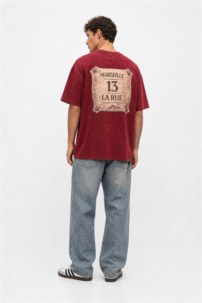 Erkek Marseille Baskılı Yıkamalı Oversize T-Shirt Bordo