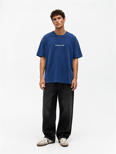 Erkek Marseille Baskılı Yıkamalı Oversize T-Shirt Lacivert