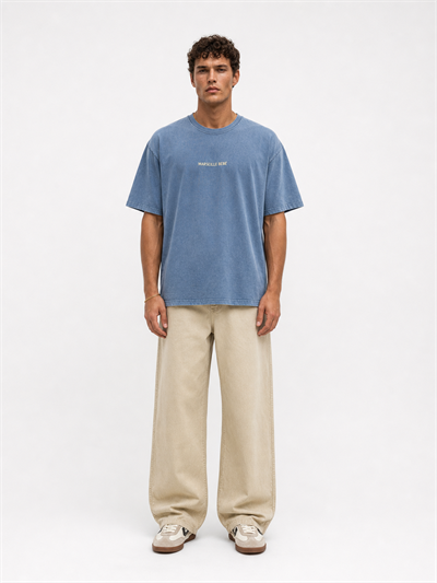Erkek Marseille Baskılı Yıkamalı Oversize T-Shirt Bebe Mavi
