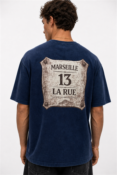 Erkek Marseille Baskılı Yıkamalı Oversize T-Shirt Lacivert