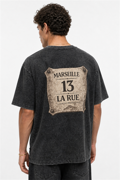 Erkek Marseille Baskılı Yıkamalı Oversize T-Shirt Siyah