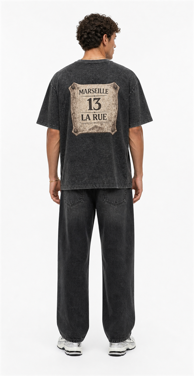 Erkek Marseille Baskılı Yıkamalı Oversize T-Shirt Siyah