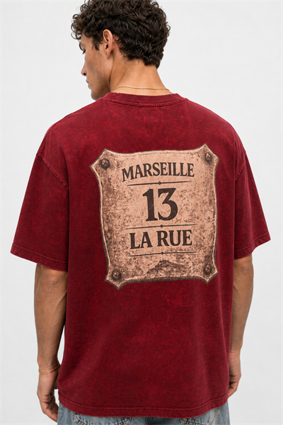 Erkek Marseille Baskılı Yıkamalı Oversize T-Shirt Bordo