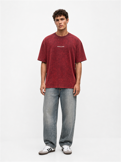 Erkek Marseille Baskılı Yıkamalı Oversize T-Shirt Bordo