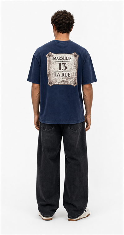 Erkek Marseille Baskılı Yıkamalı Oversize T-Shirt Lacivert