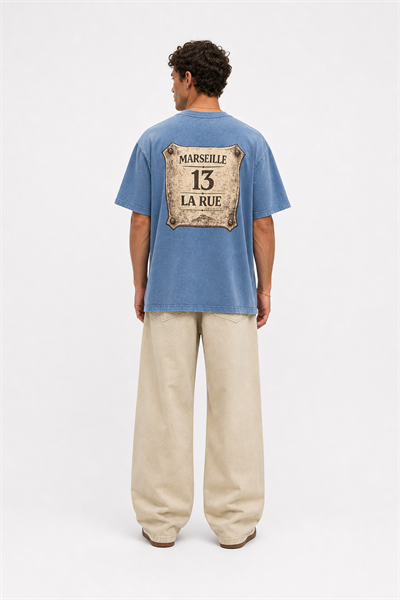Erkek Marseille Baskılı Yıkamalı Oversize T-Shirt Bebe Mavi