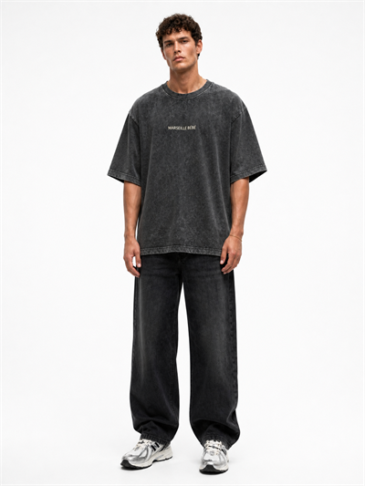 Erkek Marseille Baskılı Yıkamalı Oversize T-Shirt Siyah