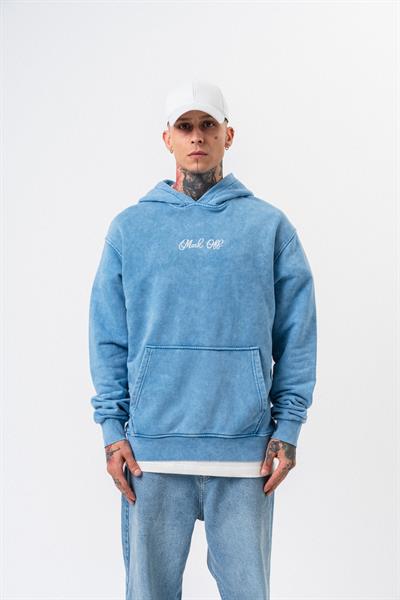 Erkek Mask Off Baskılı Yıkamalı Kapüşonlu Oversize Hoodie Mavi