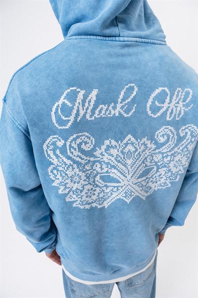 Erkek Mask Off Baskılı Yıkamalı Kapüşonlu Oversize Hoodie Mavi