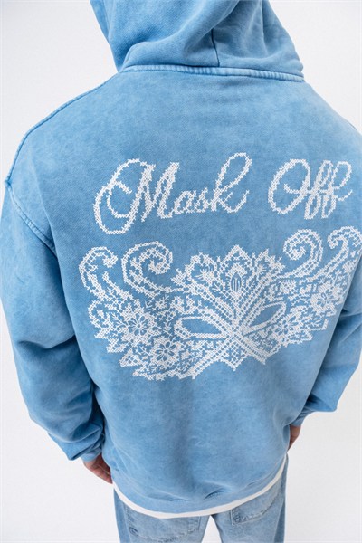 Erkek Mask Off Baskılı Yıkamalı Kapüşonlu Oversize Hoodie Mavi