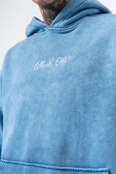 Erkek Mask Off Baskılı Yıkamalı Kapüşonlu Oversize Hoodie Mavi