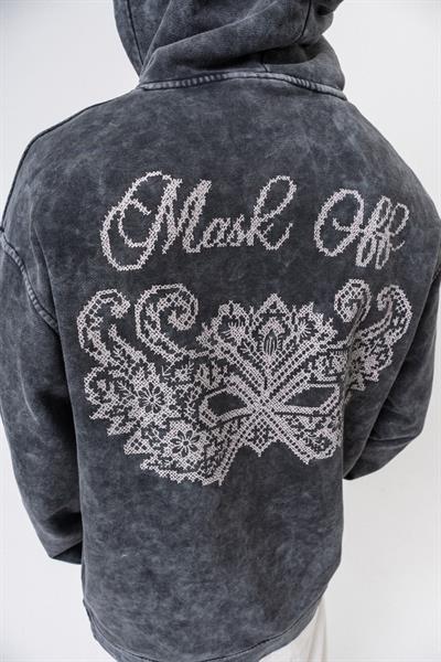 Erkek Mask Off Baskılı Yıkamalı Kapüşonlu Oversize Hoodie Siyah