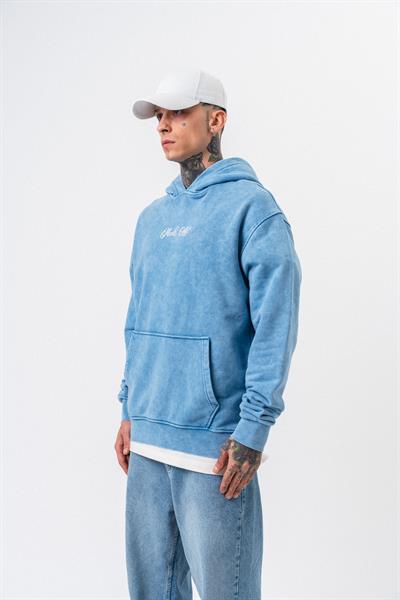 Erkek Mask Off Baskılı Yıkamalı Kapüşonlu Oversize Hoodie Mavi