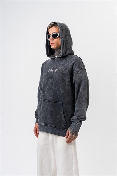 Erkek Mask Off Baskılı Yıkamalı Kapüşonlu Oversize Hoodie Siyah