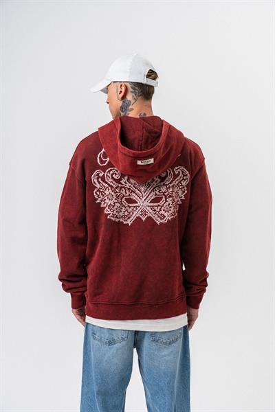 Erkek Mask Off Baskılı Yıkamalı Kapüşonlu Oversize Hoodie Bordo