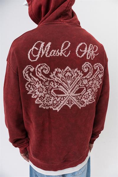 Erkek Mask Off Baskılı Yıkamalı Kapüşonlu Oversize Hoodie Bordo