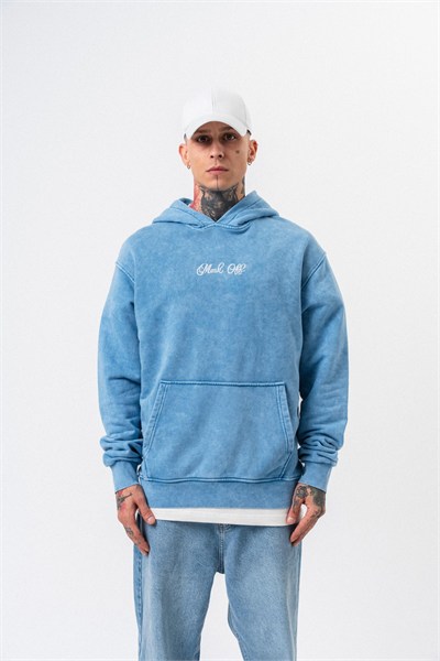 Erkek Mask Off Baskılı Yıkamalı Kapüşonlu Oversize Hoodie Mavi