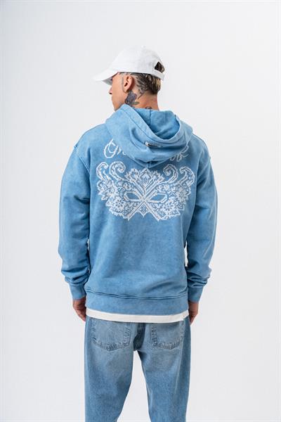 Erkek Mask Off Baskılı Yıkamalı Kapüşonlu Oversize Hoodie Mavi