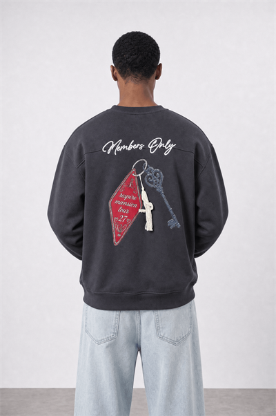 Erkek Members Only Baskılı Oversize Sweatshirt Füme