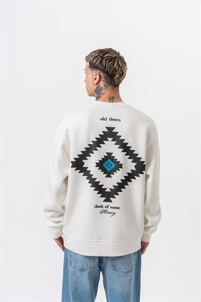 Erkek Memory Baskılı Bisiklet Yaka Oversize Sweatshirt Ekru