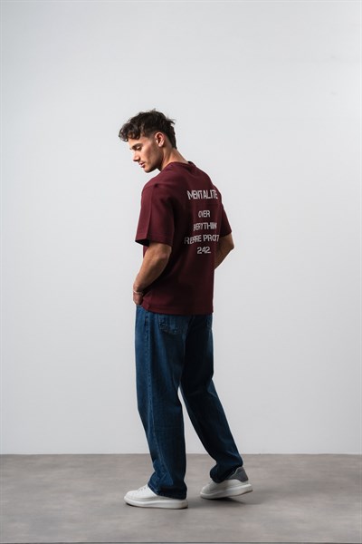 Erkek Mentalite Baskılı Regular Fit T-Shirt Bordo