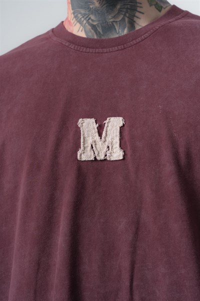 Erkek Mercy Nakışlı Yıkamalı Oversize T-Shirt Bordo