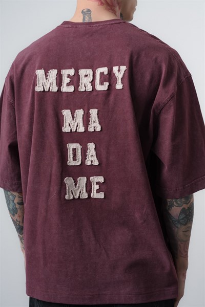 Erkek Mercy Nakışlı Yıkamalı Oversize T-Shirt Bordo