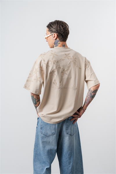 Erkek Minimalism Series Nakışlı Oversized T-Shirt Bej