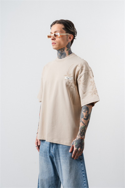 Erkek Minimalism Series Nakışlı Oversized T-Shirt Bej