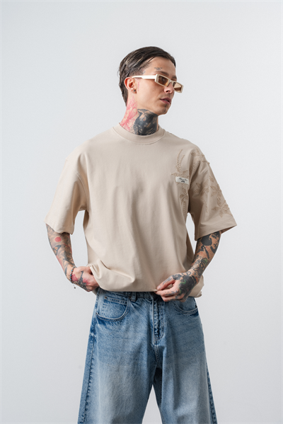Erkek Minimalism Series Nakışlı Oversized T-Shirt Bej