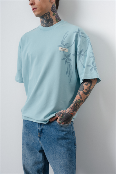 Erkek Minimalism Series Nakışlı Oversized T-Shirt Bebe Mavi