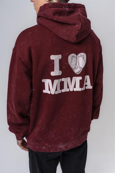 Erkek MMA Baskılı Kapüşonlu Oversize Hoodie Bordo