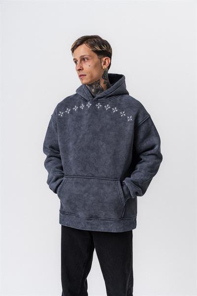 Erkek Muse Baskılı Yıkamalı Kapüşonlu Oversize Hoodie Füme