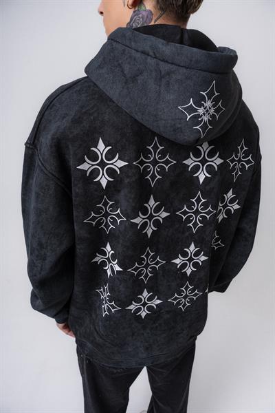 Erkek Muse Baskılı Yıkamalı Kapüşonlu Oversize Hoodie Siyah